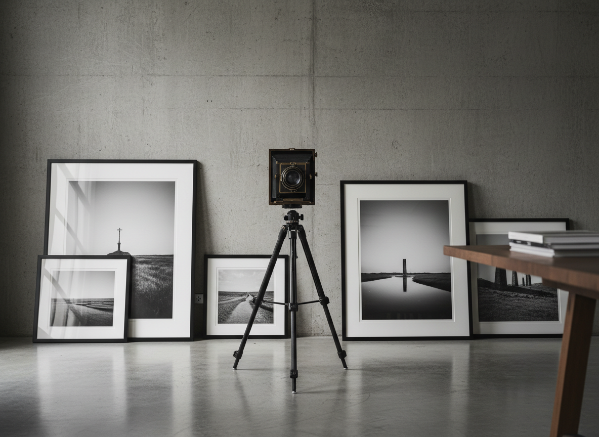 A meticulously arranged fine art photography workspace.