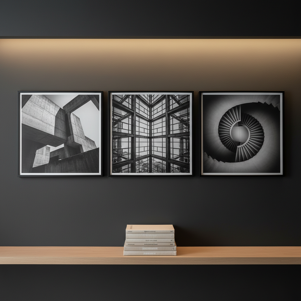A collection of three large-format, monochrome art photographs.